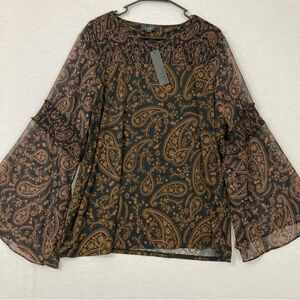 New Belldini Brown Black Round Neck Paisley Flare Sleeve Boho Top 2X